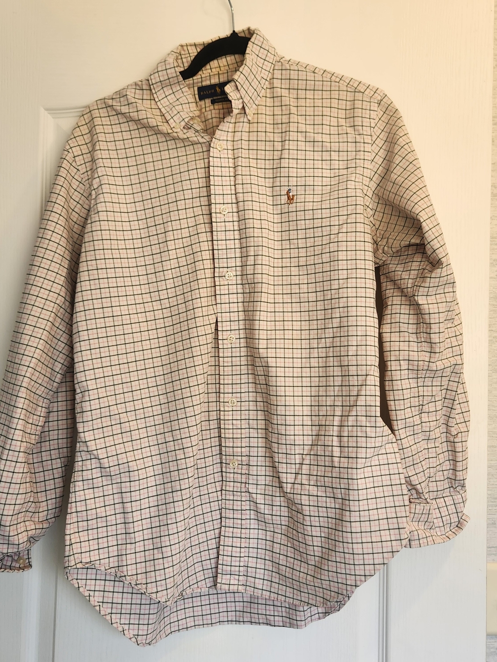 Ralph Lauren Cream Button-Down Shirt with Green Grid M Euc